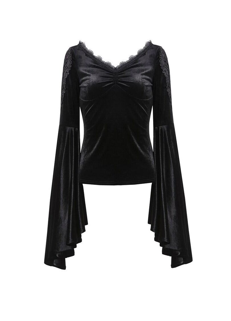 Dark In Love Violet Black Velvet Top with Dramatic Bell Sleeves