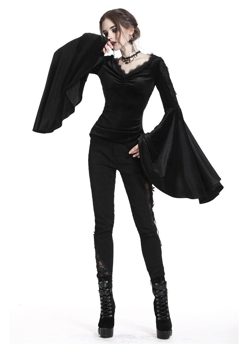 Dark In Love Violet Black Velvet Top with Dramatic Bell Sleeves