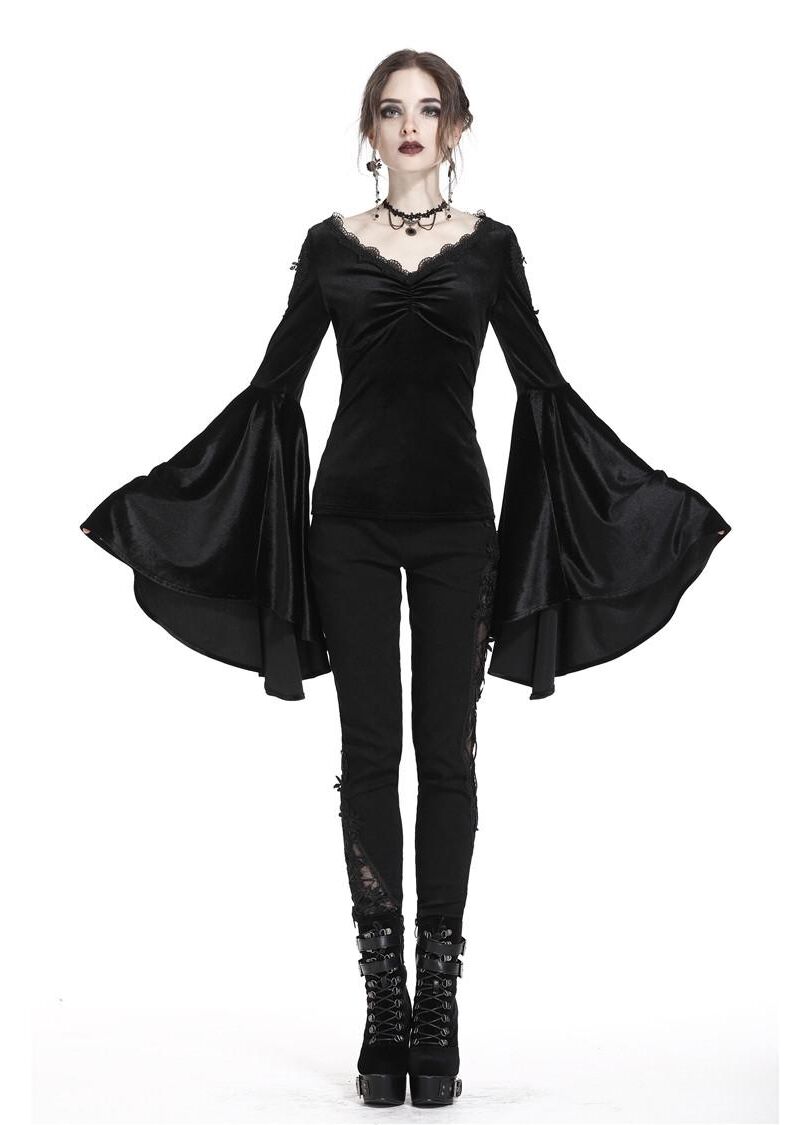 Dark In Love Violet Black Velvet Top with Dramatic Bell Sleeves