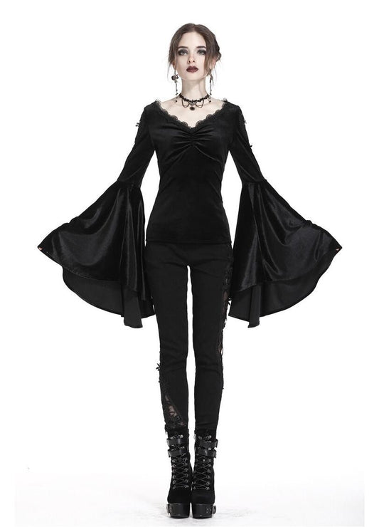 Dark In Love Violet Black Velvet Top with Dramatic Bell Sleeves