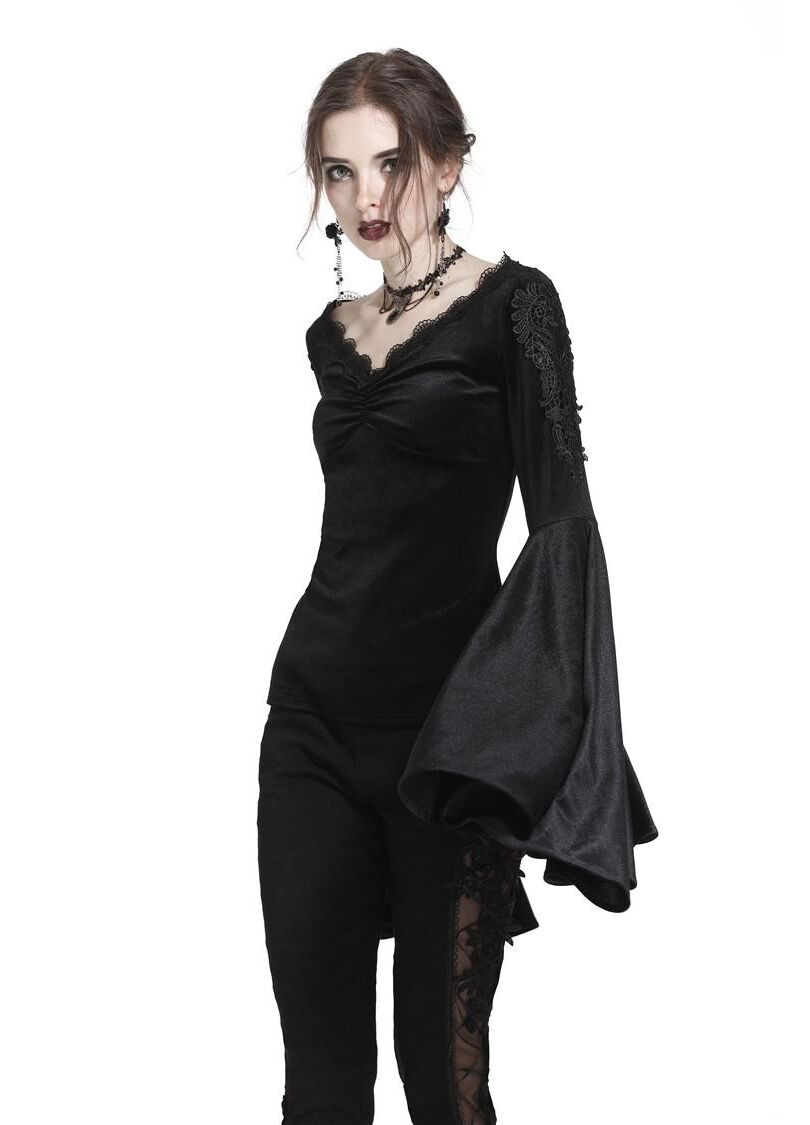 Dark In Love Violet Black Velvet Top with Dramatic Bell Sleeves