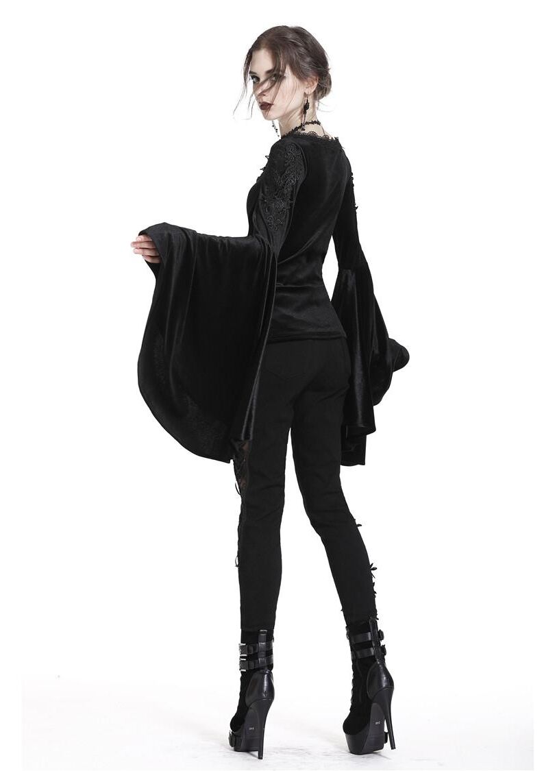 Dark In Love Violet Black Velvet Top with Dramatic Bell Sleeves