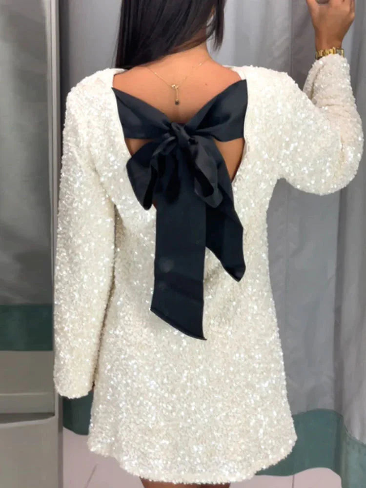 Glittering Sequined Bow-Back Long-Sleeve Special Occasion Dress
