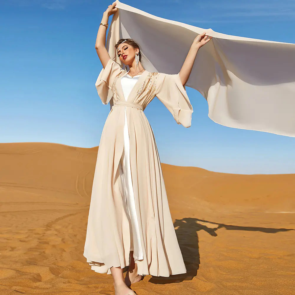 Vireous Beige Double-Layer Chiffon Outerwear Dress and White Liner