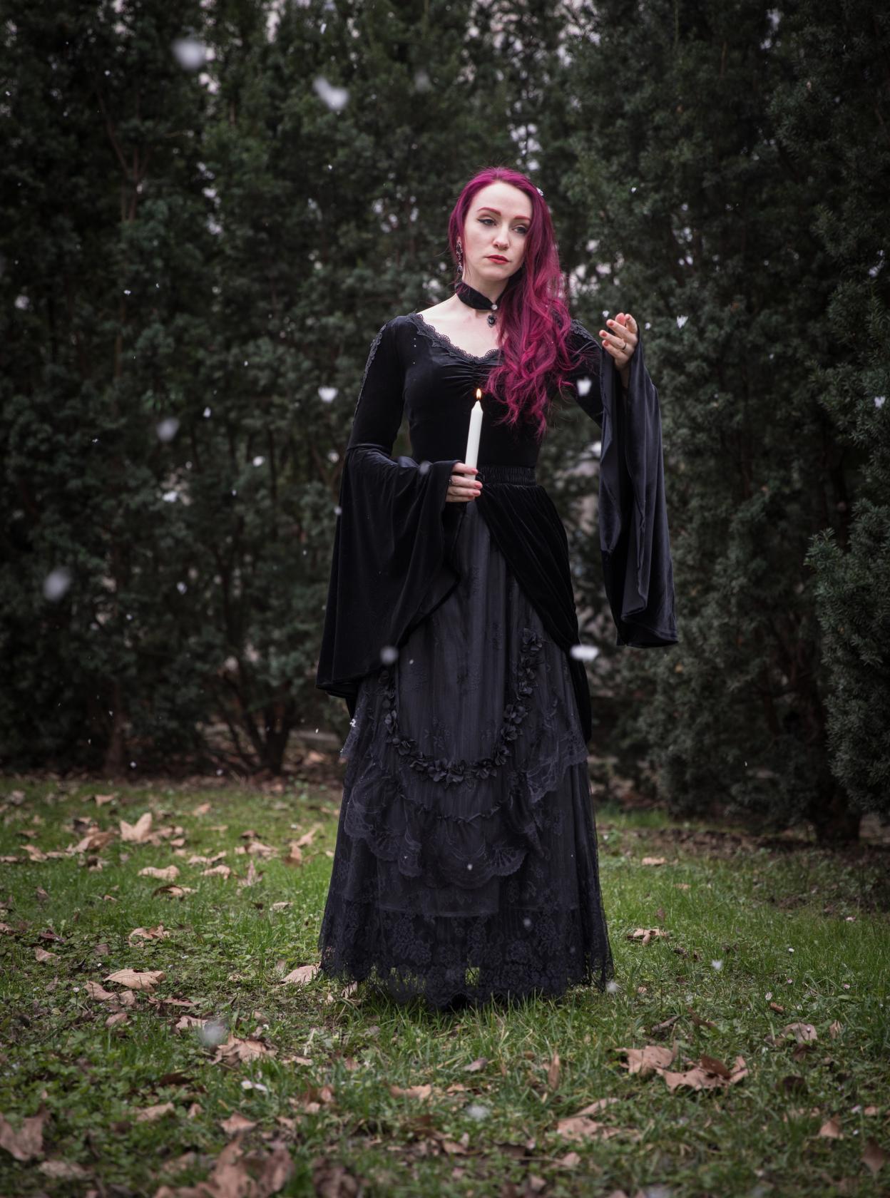 Dark In Love Violet Black Velvet Top with Dramatic Bell Sleeves