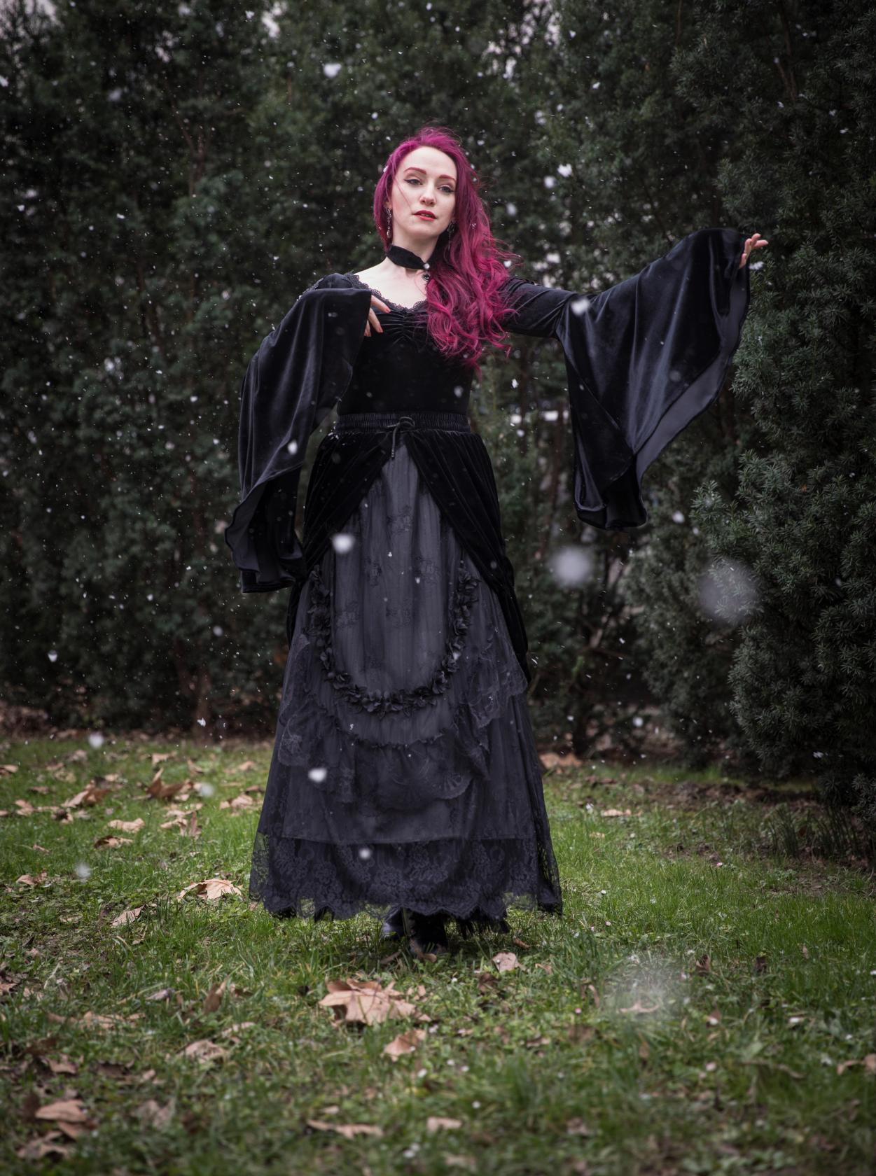 Dark In Love Violet Black Velvet Top with Dramatic Bell Sleeves