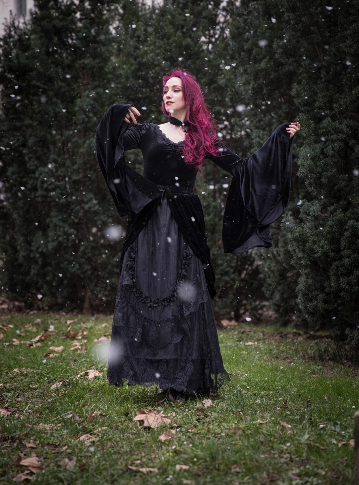 Dark In Love Violet Black Velvet Top with Dramatic Bell Sleeves