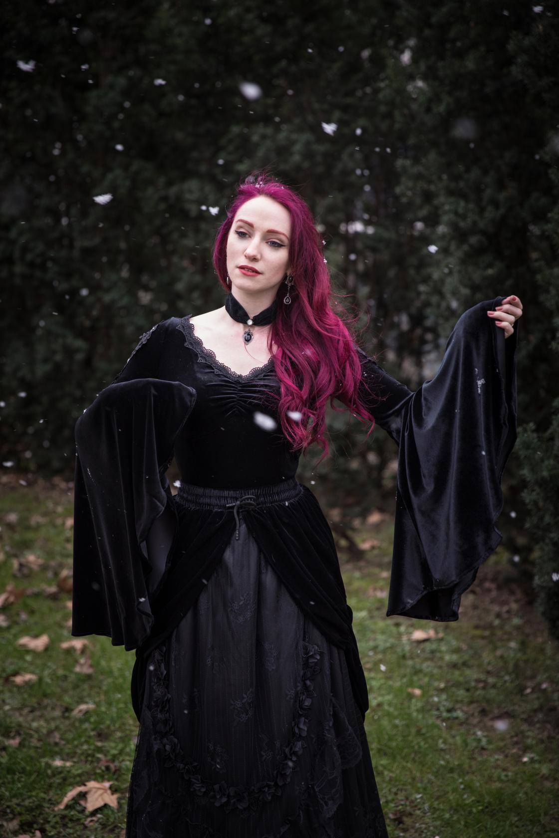 Dark In Love Violet Black Velvet Top with Dramatic Bell Sleeves