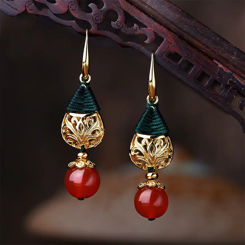 Renaissance-Style Long Pendant Gold-Plated Agate Earrings