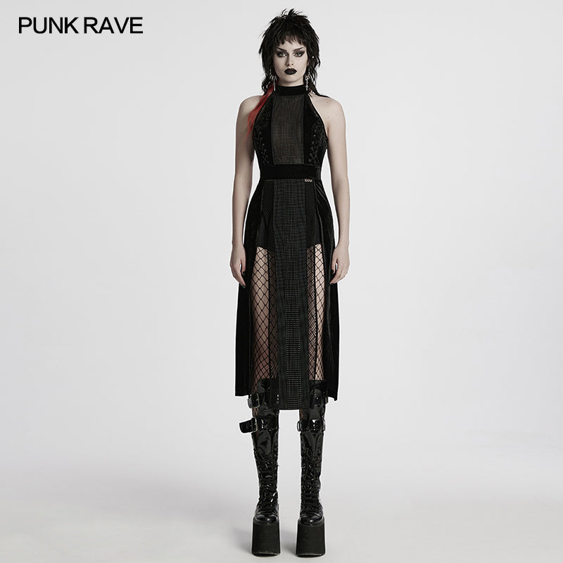 Punk Rave Selene Velvet Mesh High Slit Goth Dress In Black