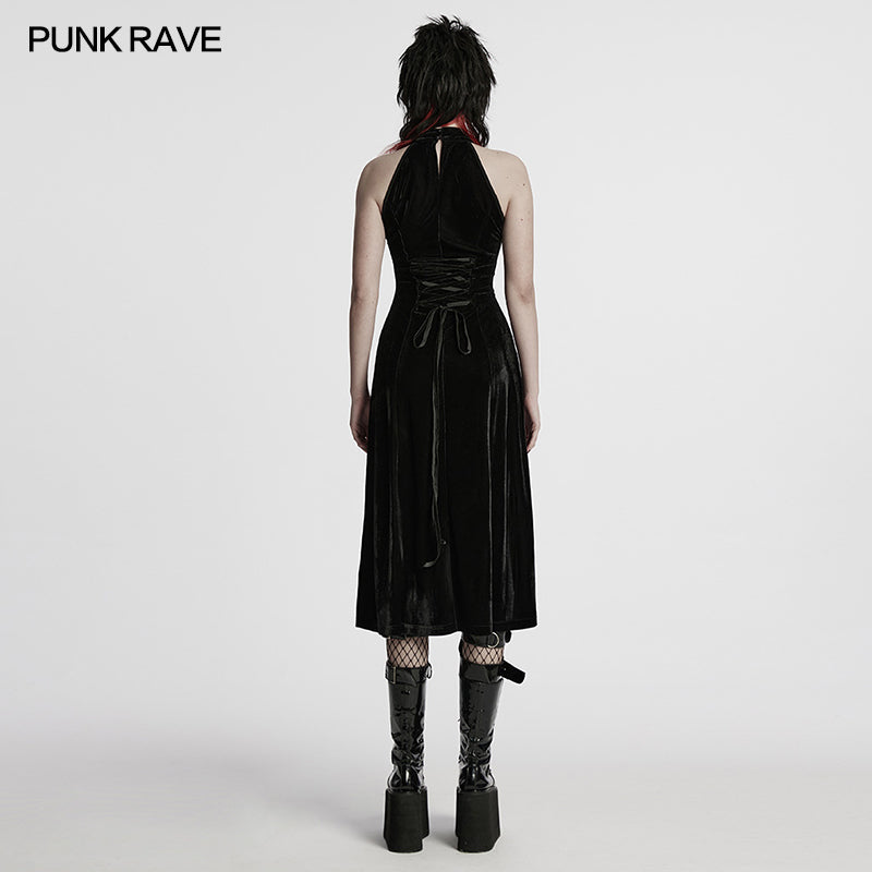 Punk Rave Selene Velvet Mesh High Slit Goth Dress In Black