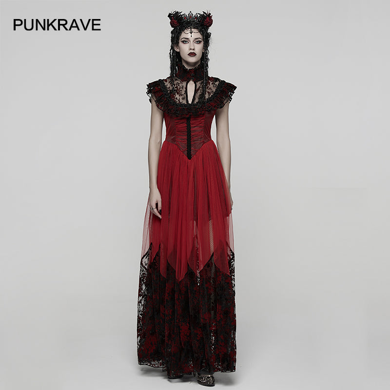 Punk Rave Gothic Flying-Sleeve Long Dress in Red and Black