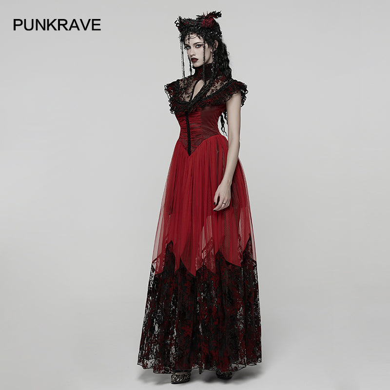 Punk Rave Gothic Flying-Sleeve Long Dress in Red and Black