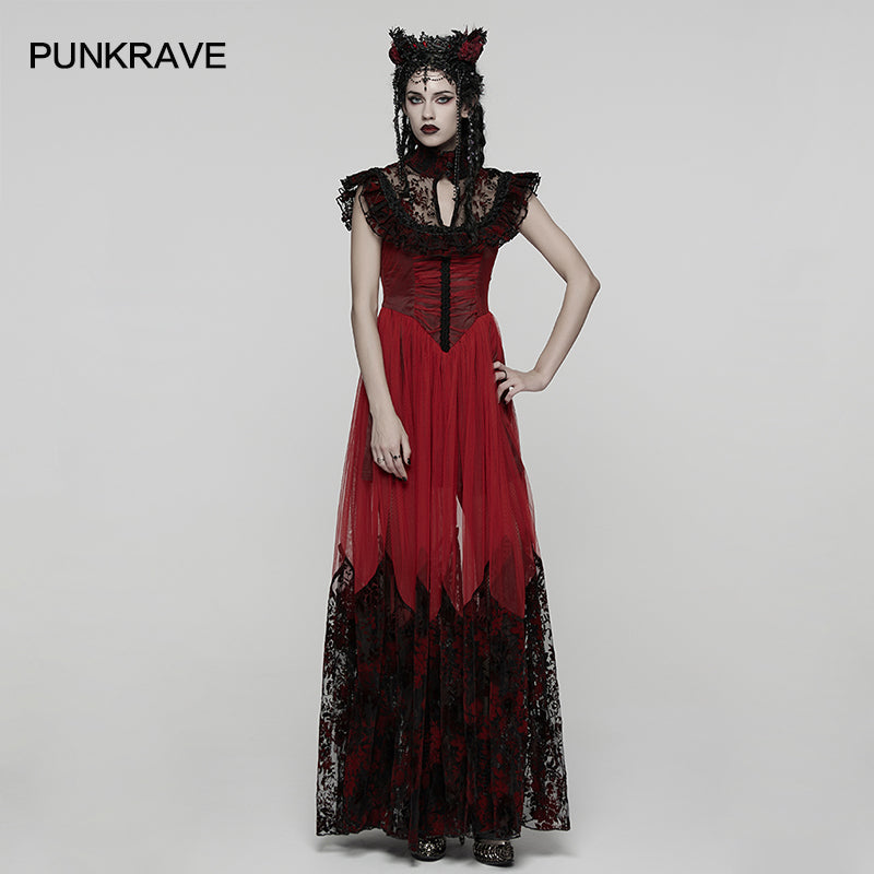 Punk Rave Gothic Flying-Sleeve Long Dress in Red and Black