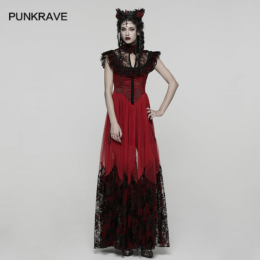Punk Rave Gothic Flying-Sleeve Long Dress in Red and Black