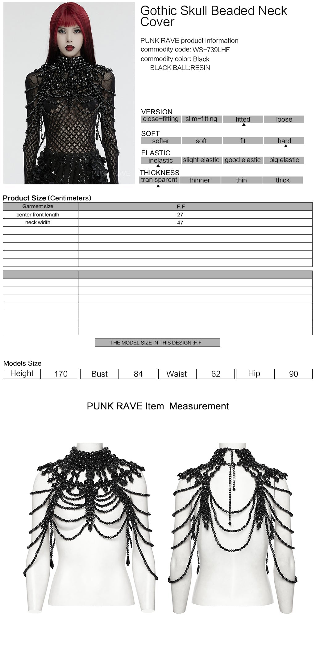 Punk Rave Aphrodite Black Beaded Necklace, Gothic-Style Fashion Accessory