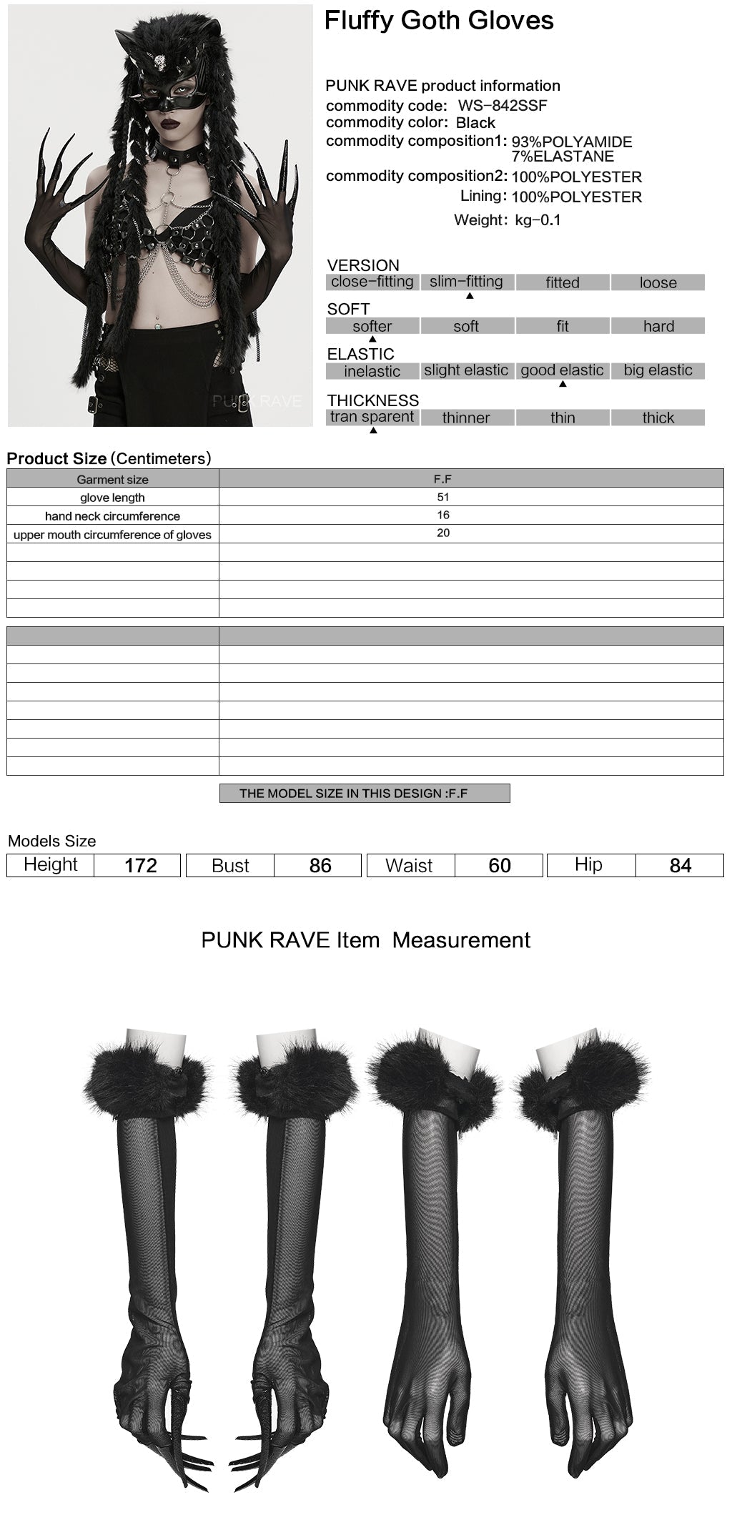 Punk Rave Fluffy Goth Long-Claw Gloves