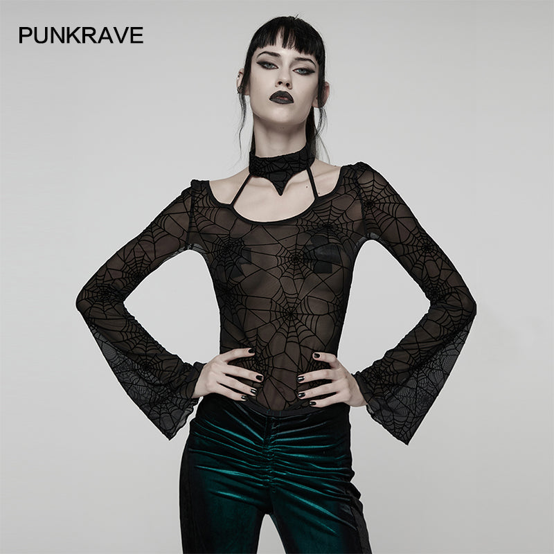 Punk Rave Lilith Gothic Spider Web Sheer Mesh T-Shirt