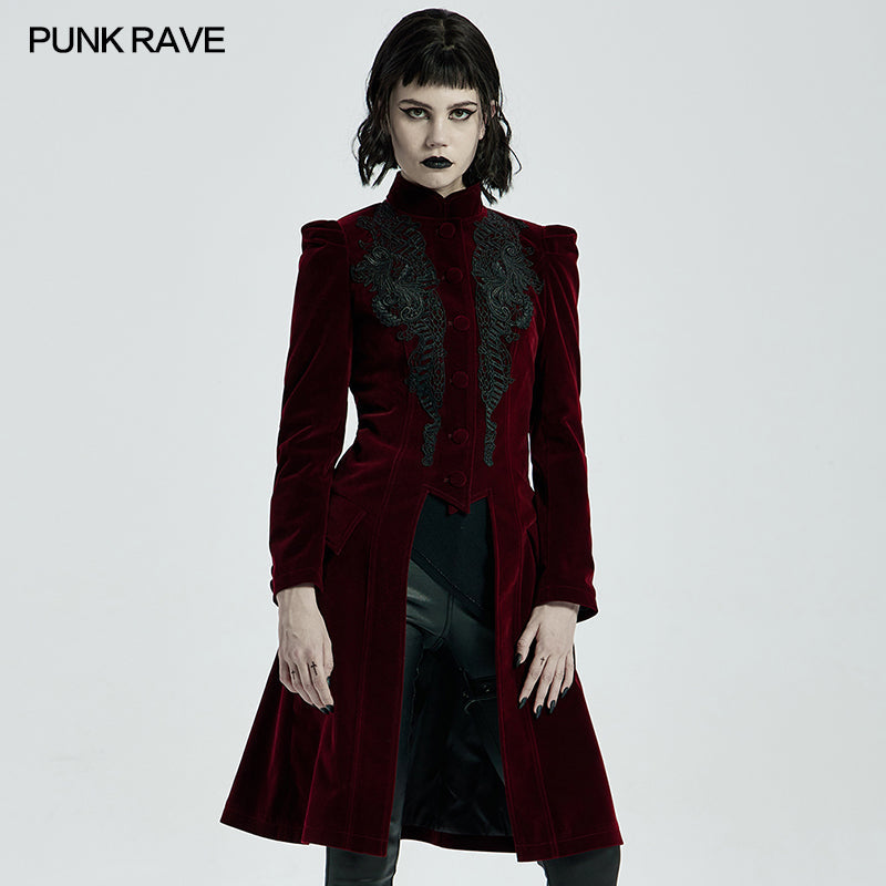 Punk Rave Nerezza Goth Mid-Length Embroidered Velvet Coat