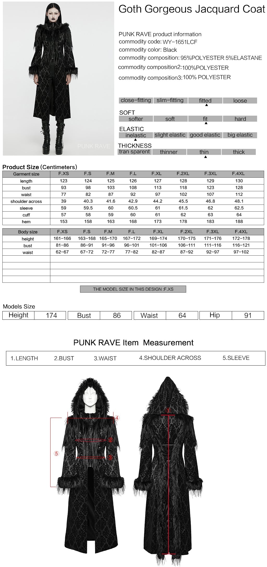 Punk Rave Morrigan Goth Gorgeous Jacquard Hooded Coat in Black