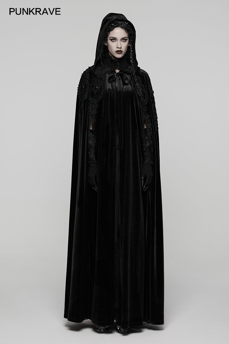 Punk Rave Goth Velvet Women's Long Cloak in Black