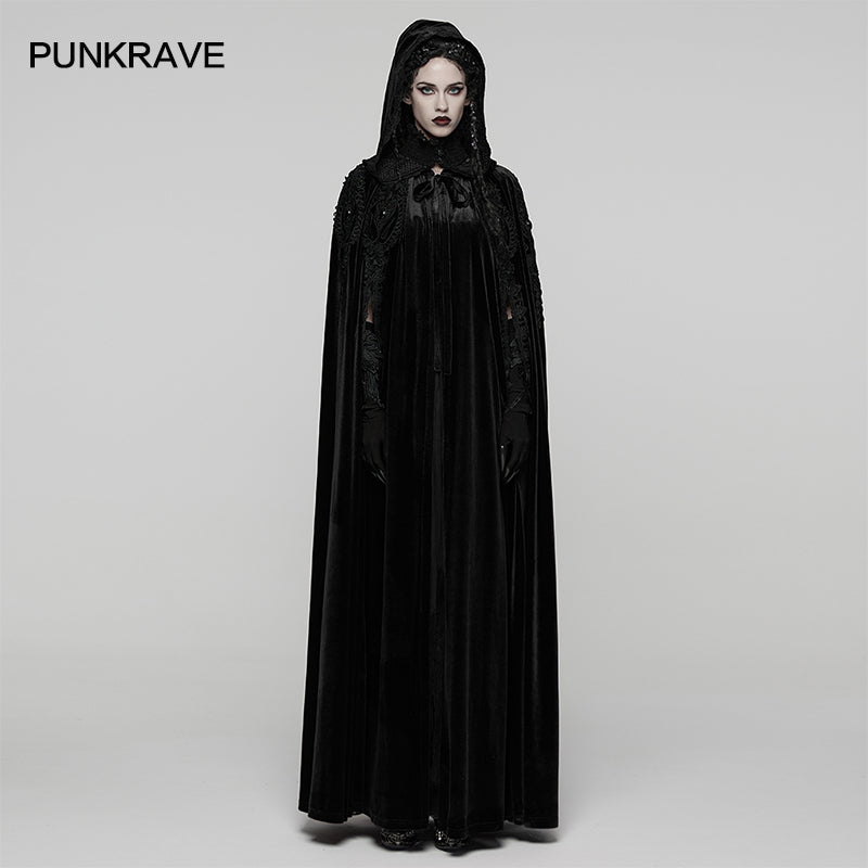 Punk Rave Goth Velvet Women's Long Cloak in Black