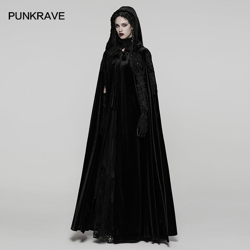 Punk Rave Goth Velvet Women's Long Cloak in Black