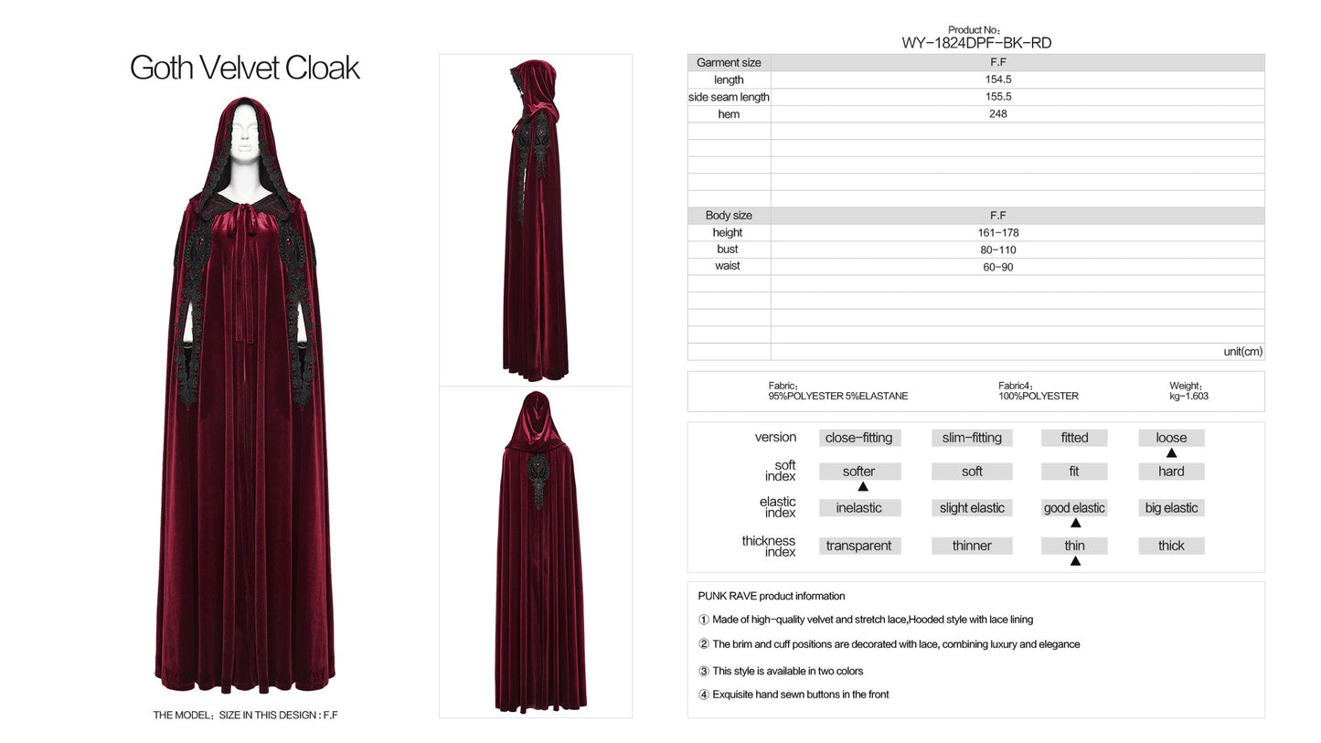 Punk Rave Seraphiel Gothic Velvet Cloak in Blood Red