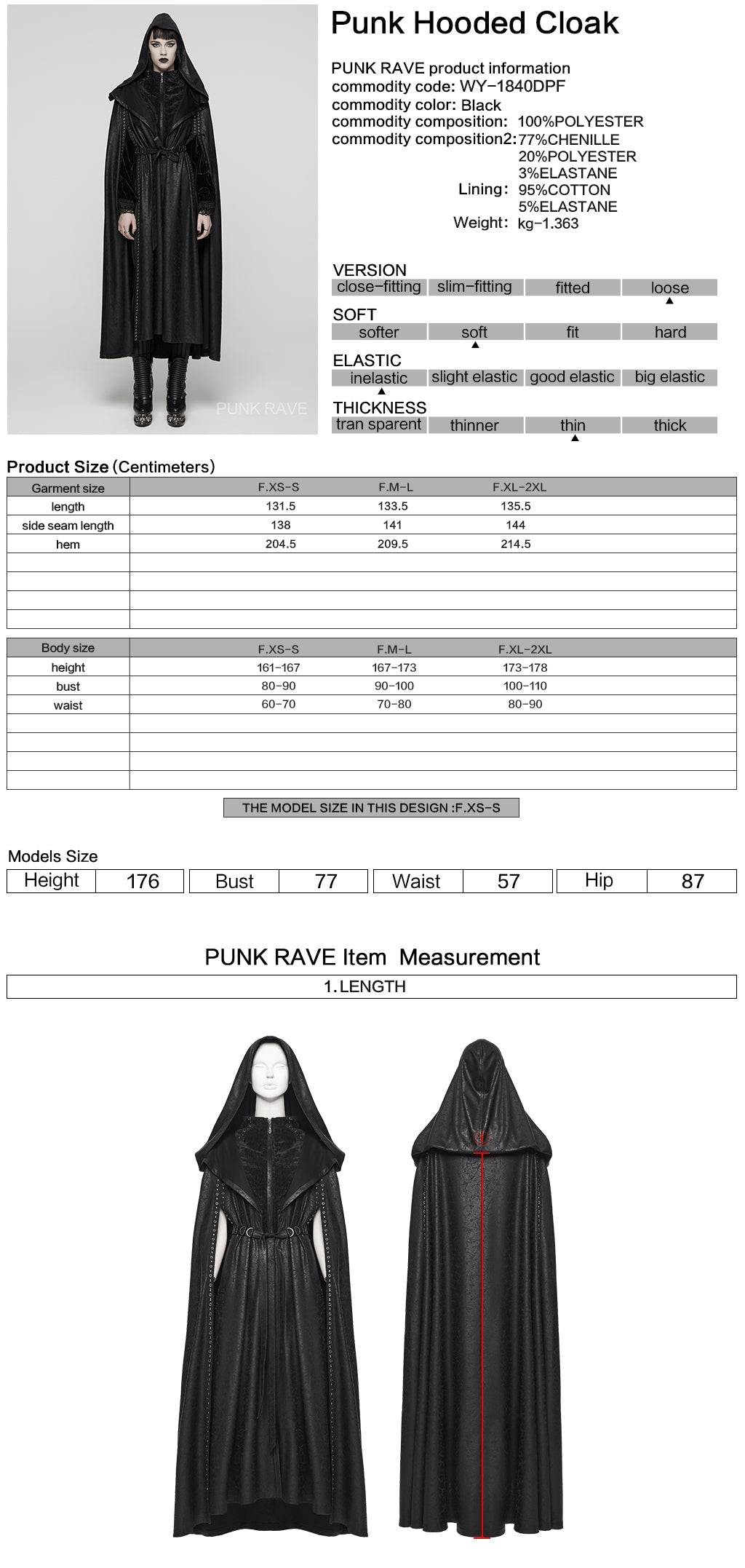 Punk Rave Punk Hooded Cloak in Black