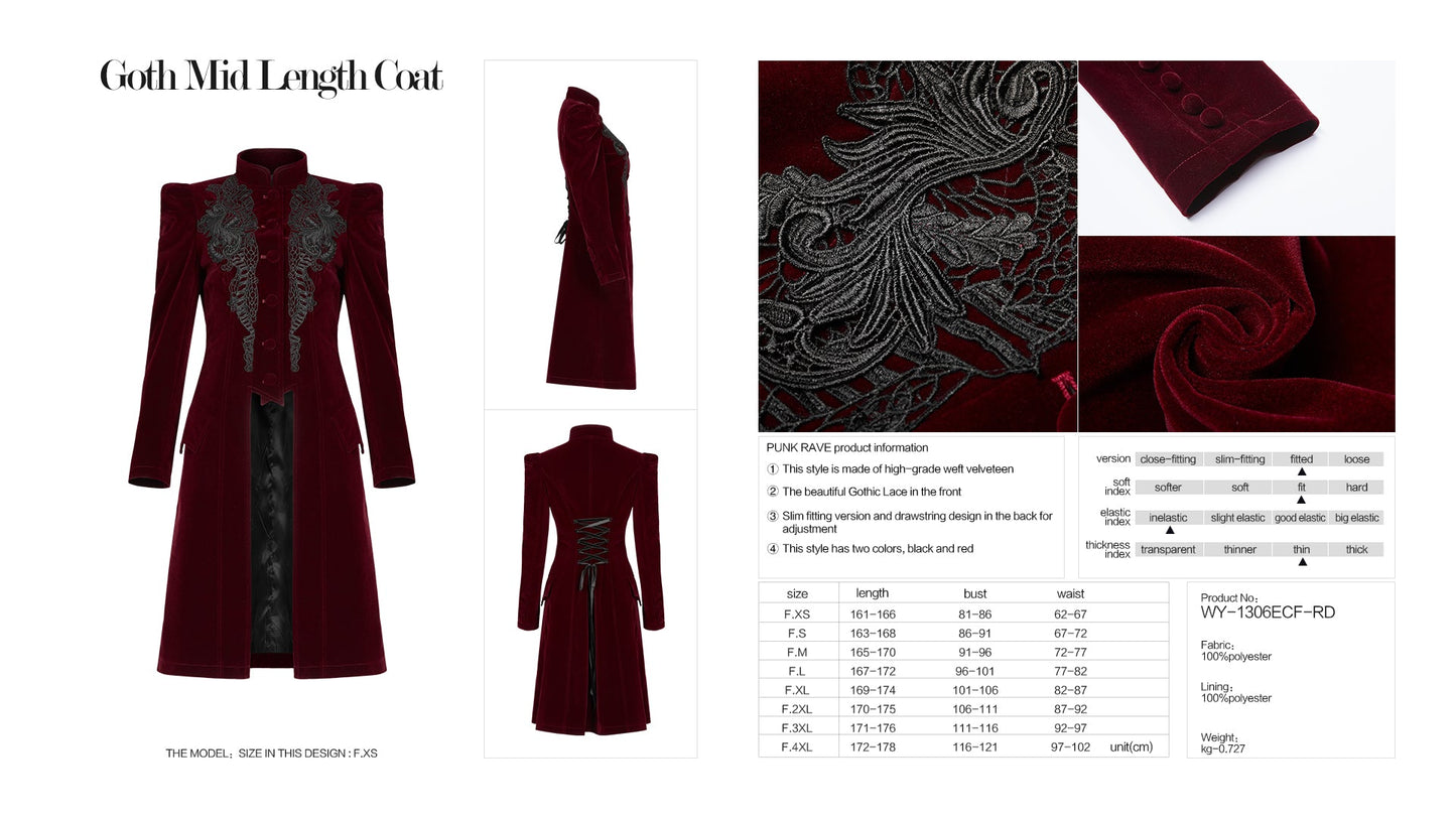 Punk Rave Nerezza Goth Mid-Length Embroidered Velvet Coat