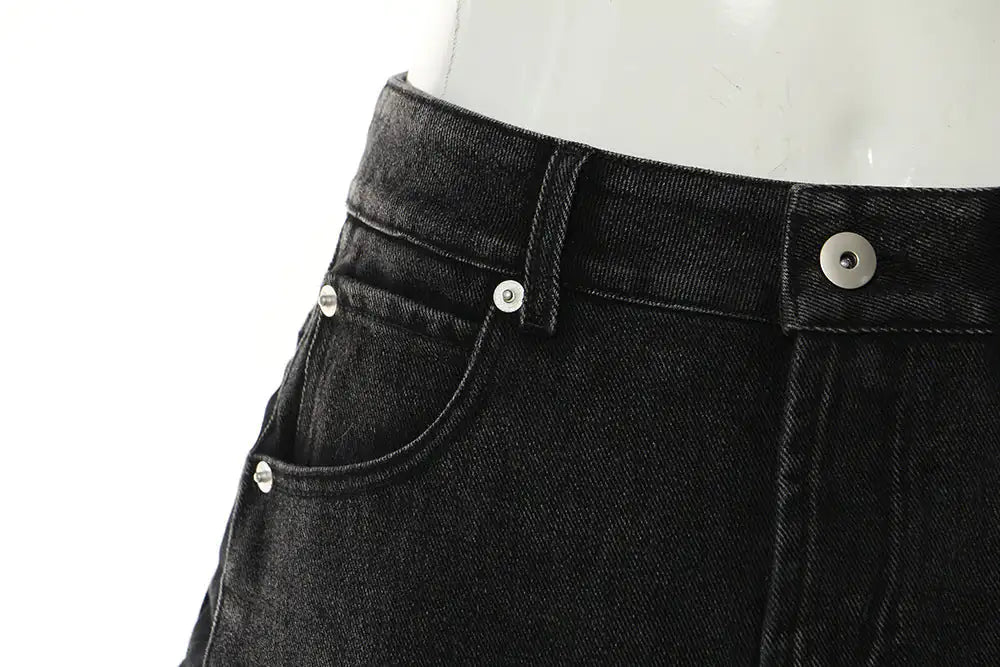 Vireous Feather Trim Black Denim Skirt