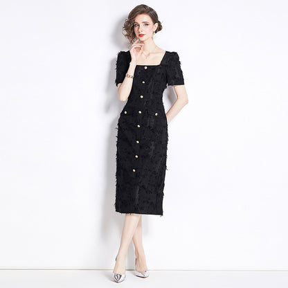 French Hepburn-Style Vintage Tassel Black Dress