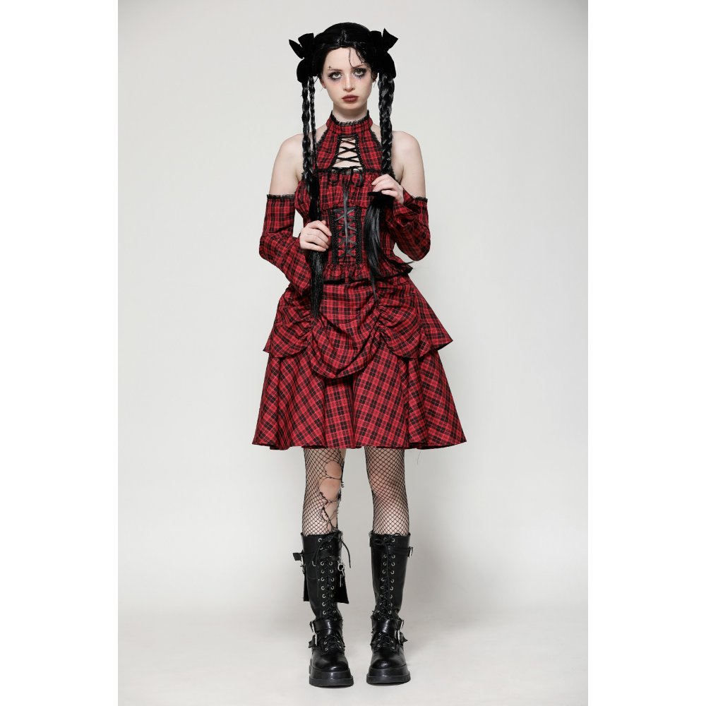 Dark in Love Rosalind Black and Red Tartan Cold Shoulder Halter Neck Dress