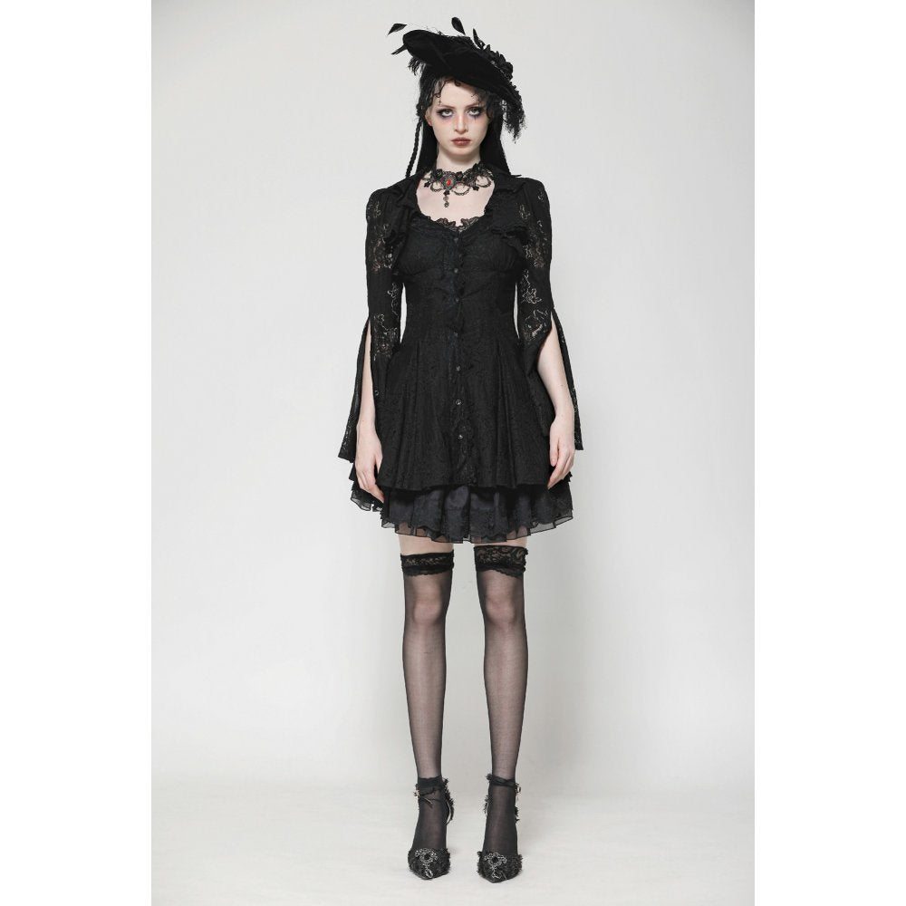 Dark in Love Luca Black Hollow Lace Gemstone-Button Adjustable Waist Dress