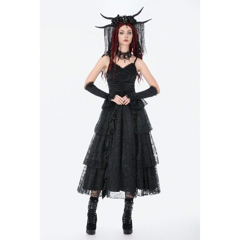 Dark in Love Gothic Satin Lace Tiered Dress
