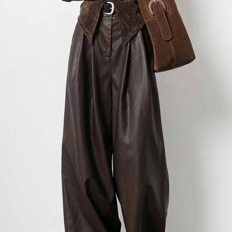Vireous Women's Designer Vintage Brown Pleated Loose Leather Pants