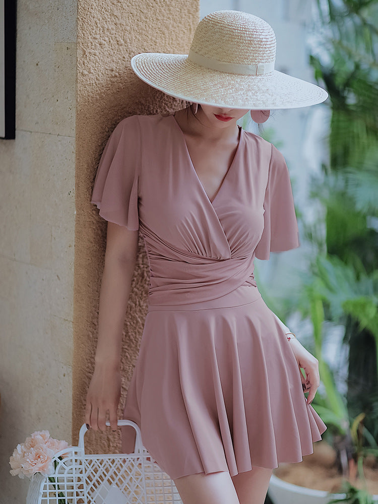 Vireous Elegant Gathered Resortwear Swimming Dress with Under Shorts