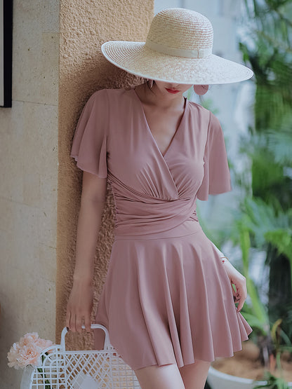 Vireous Elegant Gathered Resortwear Swimming Dress with Under Shorts