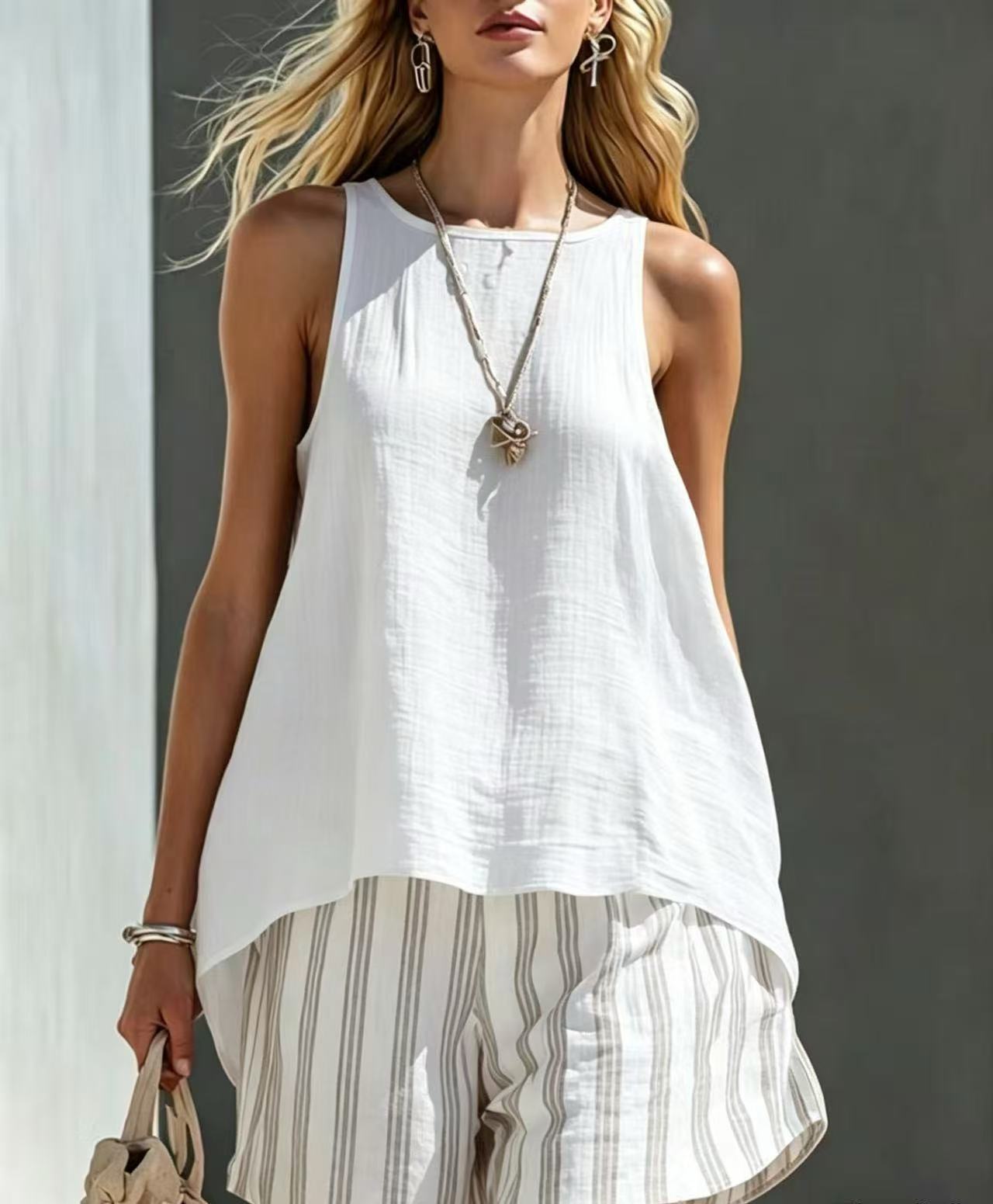 Vireous Linen Sleeveless Summer Shirt, Womens Loose-Fitting Button-Up Top