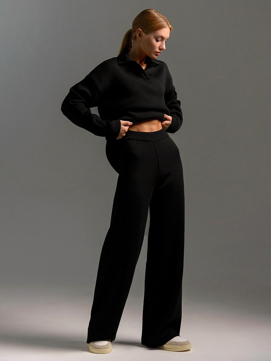 Women's Knitted Fashion Suit, Casual Collared Loose Pants Set