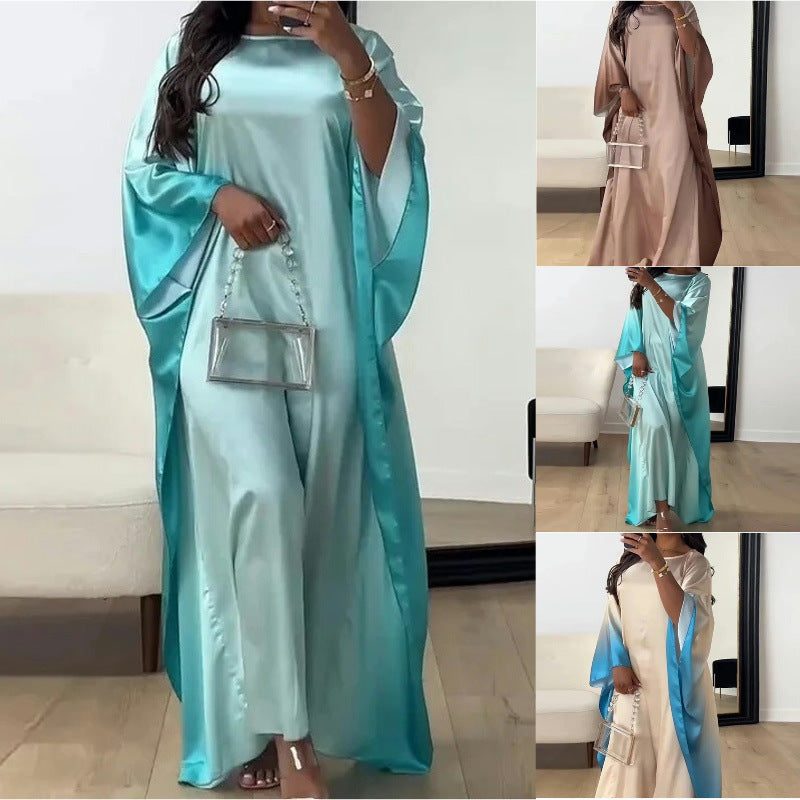 Graduated Colour Silk Satin Evening Gown, Long Sleeve Lightweight Maxi Dress