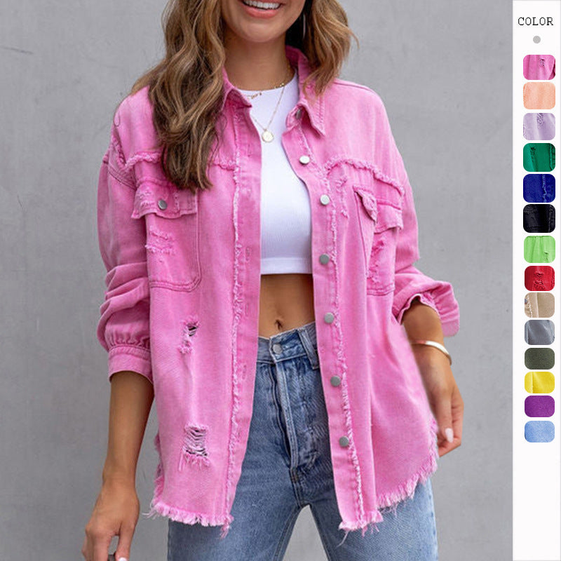 Vireous Women's Ripped Shirt Jacket Pastel Colours