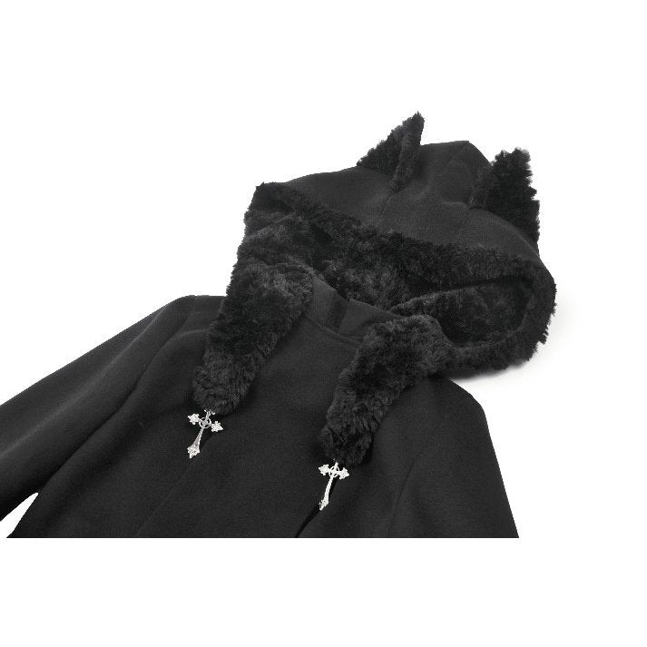 Dark in Love Cat-Ear Faux Fur-Trim Gothic Hooded Coat