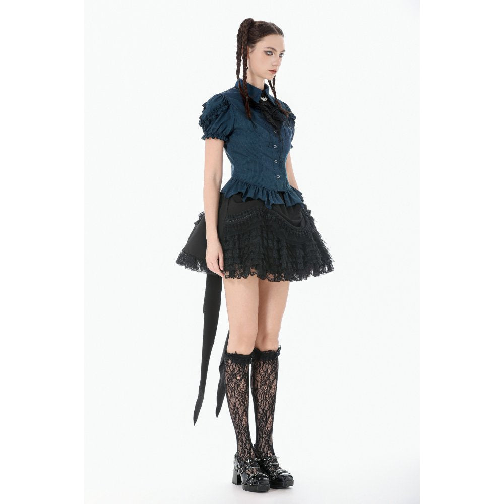 Dark in Love Gothic Academy-Striped Puff-Sleeve Blouse