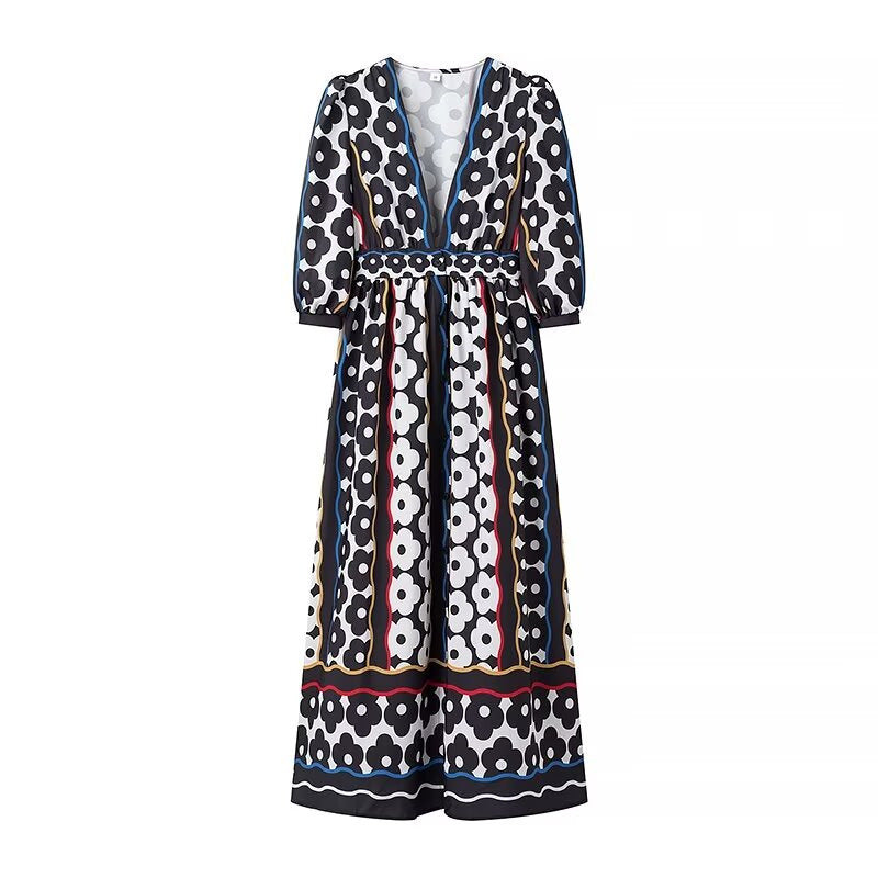 Women's Fashion Boho Black & White Print Elegant Dress