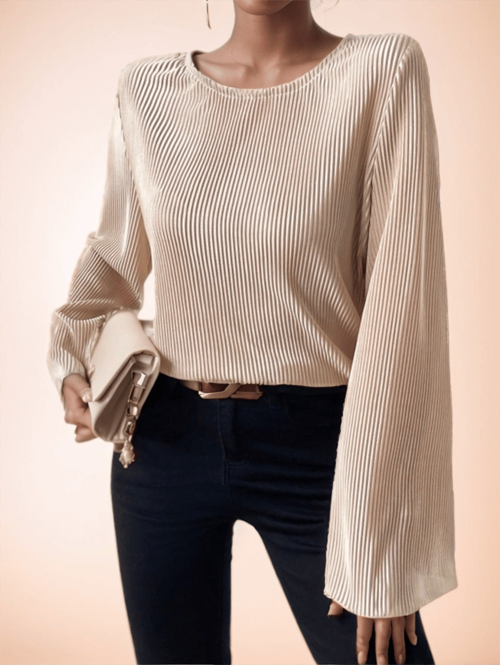 Women's Round Neck Loose Fit Bell-Sleeve Casual Ribbed Top