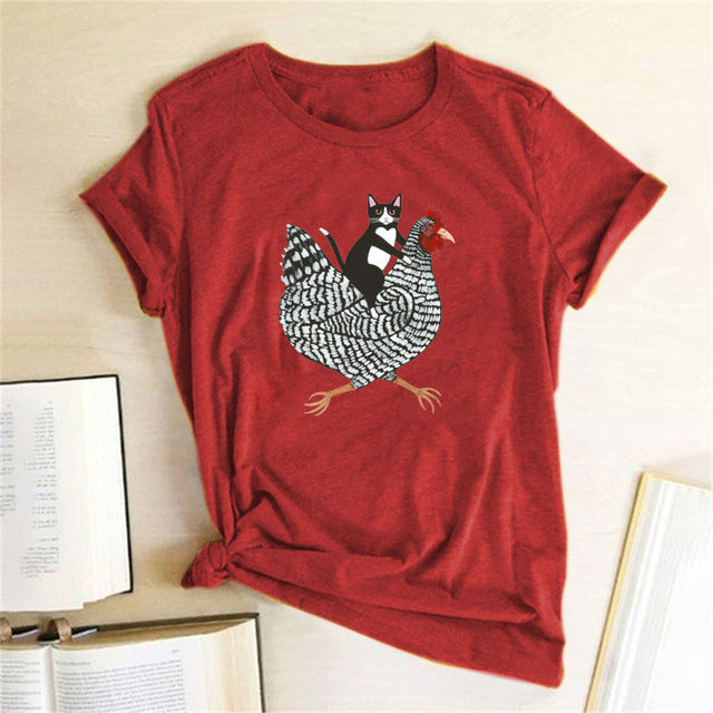 Cat Riding Chicken Print, Funny Women's T-Shirt