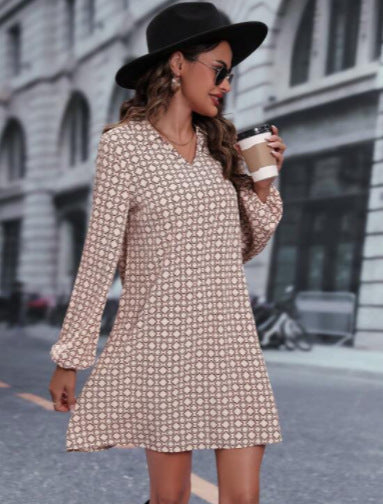 Vireous Long Sleeve Geometric Print Polo Collar Dress