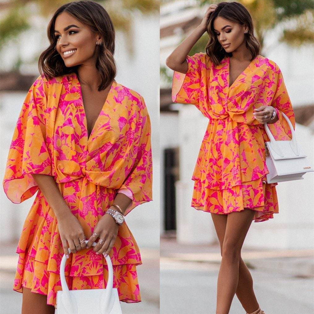 Vireous Fashion Print Doll-Sleeve Loose Summer Dress