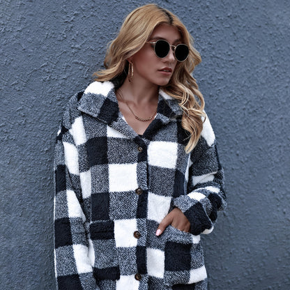 Women's Oversized Check Button Shirt Jacket